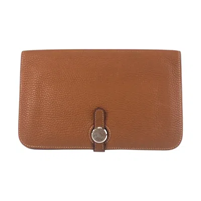 Pre-owned Hermes Brown Camel Gold Taurillon Clemence Leather Long Wallet (bi-fold) ()