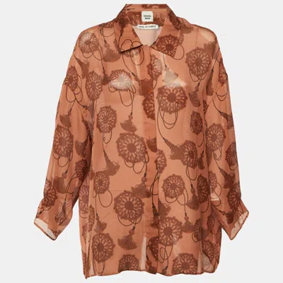 Pre-owned Hermes Brown Cliquetis Aquarelle Silk Sheer Wide Shirt L