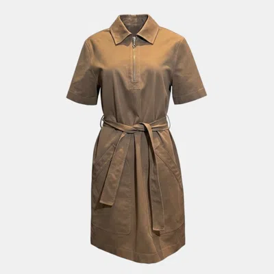 Pre-owned Hermes Brown Collared Belted Dress Fr 38
