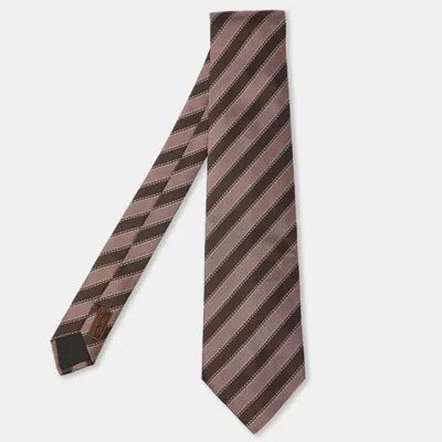 Pre-owned Hermes Brown Diagonal Stripe Pattern Silk Traditional Tie In Cream
