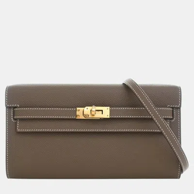 Pre-owned Hermes Brown Epsom Kelly To Go Wallet