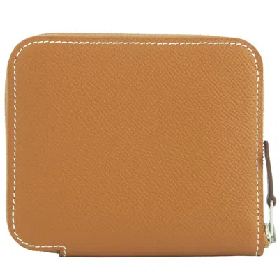Pre-owned Hermes Brown Gold Brown Epsom Leather Silk Coin Purse/coin Case ()