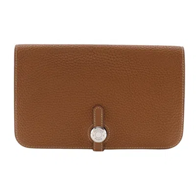 Pre-owned Hermes Brown Gold Brown Taurillon Clemence Leather Long Wallet (bi-fold) ()