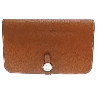 Pre-owned Hermes Brown Gold Togo Leather Long Wallet (bi-fold) () In Multi