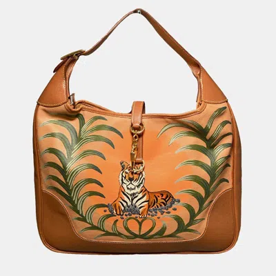 Pre-owned Hermes Brown Hand Painted Tiger Canvas & Leather Bag