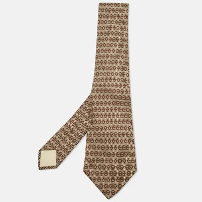 Pre-owned Hermes Hermès Brown Horse Bit Print Silk Traditional Tie