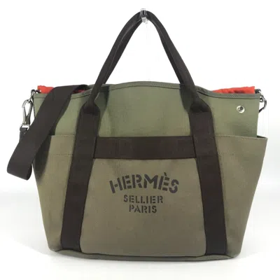 Pre-owned Hermes Brown Khaki Canvas Leather Shoulder Bag Tote Bag ()