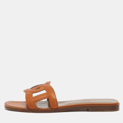 Pre-owned Hermes Brown Leather Aloha Flat Slides Size 36.5