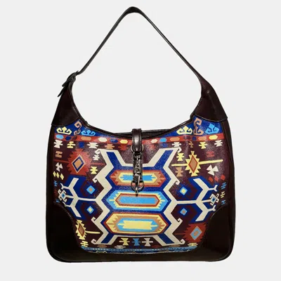 Pre-owned Hermes Brown Leather And Canvas Trim Bag Hand Painted