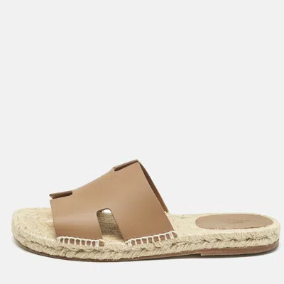 Pre-owned Hermes Brown Leather Antigua Espadrille Flat Sandals Size 41