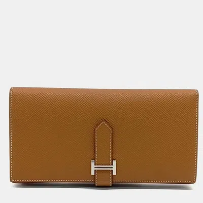 Pre-owned Hermes Brown Leather Bean Long Wallet
