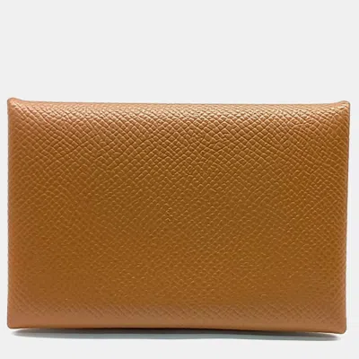 Pre-owned Hermes Brown Leather Calvi Card Holder (y)