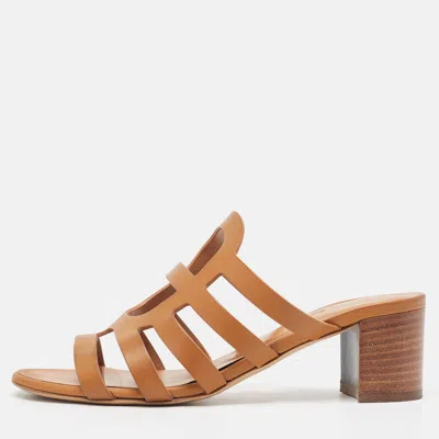 Pre-owned Hermes Brown Leather Celena Slide Sandals Size 37