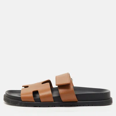 Pre-owned Hermes Brown Leather Chypre Flat Sandals Size 39