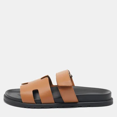 Pre-owned Hermes Brown Leather Chypre Flat Sandals Size 42.5