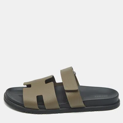 Pre-owned Hermes Brown Leather Chypre Flat Sandals Size 46.5