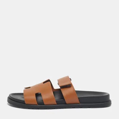 Pre-owned Hermes Brown Leather Chypre Flat Slide Size 42