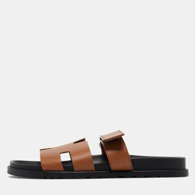 Pre-owned Hermes Hermès Brown Leather Chypre Sandals Size 43