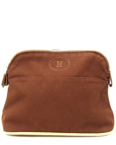 Pre-owned Hermes Hermès Brown Leather, Cotton Pouch (authentic Pre-loved)