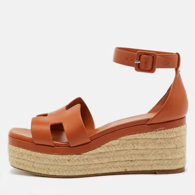 Pre-owned Hermes Brown Leather Elda Espadrille Platform Sandals Size 41