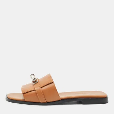 Pre-owned Hermes Brown Leather Gabriel Flat Slides Size 37