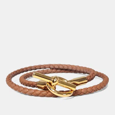 Pre-owned Hermes Brown Leather Glennan Double Tour Bracelet