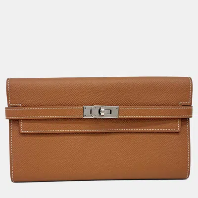 Pre-owned Hermes Brown Leather Kelly Long Wallet (x)