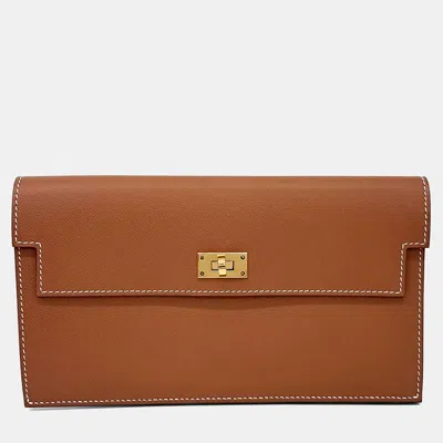 Pre-owned Hermes Brown Leather Kelly Pocket Long Wallet (b)