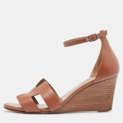 Pre-owned Hermes Brown Leather Legend Wedge Sandals Size 38