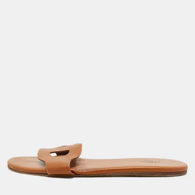 Pre-owned Hermes Brown Leather Lisboa Flat Sandals Size 39