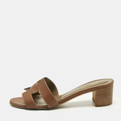 Pre-owned Hermes Brown Leather Oasis Block Heel Slide Sandals Size 38