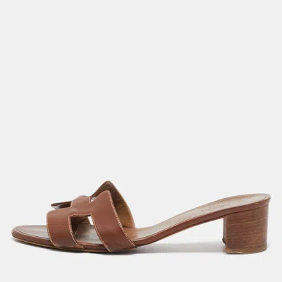 Pre-owned Hermes Brown Leather Oasis Block Heel Slide Sandals Size 41