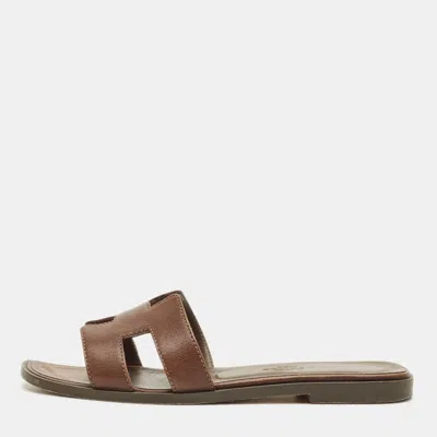 Pre-owned Hermes Brown Leather Oran Flat Sandals Size 35