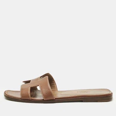 Pre-owned Hermes Brown Leather Oran Flat Slides Size 37