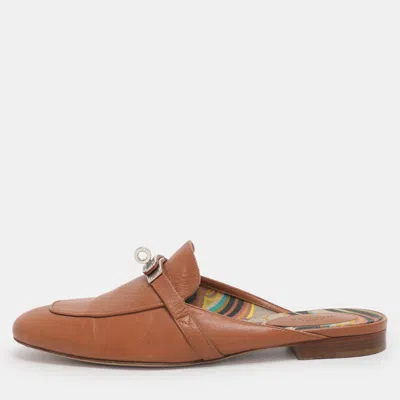 Pre-owned Hermes Brown Leather Palladium Plated oz Mules Size 38.5