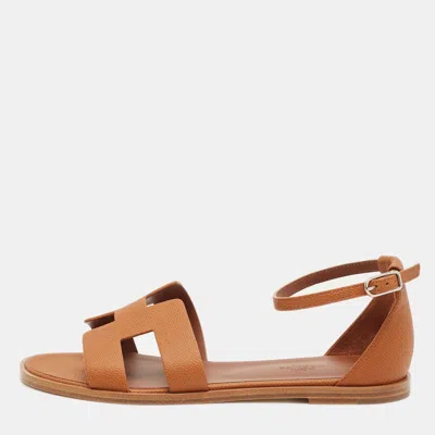 Pre-owned Hermes Brown Leather Santorini Ankle Strap Sandals Size 38