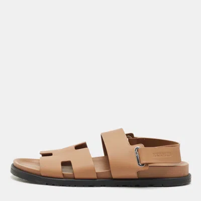 Pre-owned Hermes Brown Leather Takara Flat Sandals Size 44