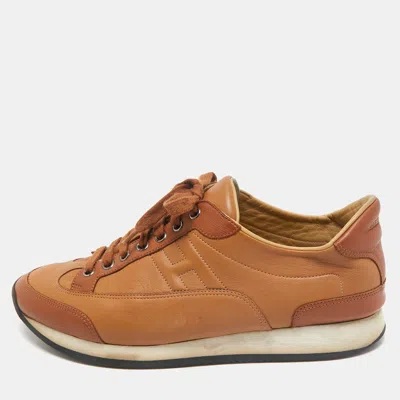 Pre-owned Hermes Brown Leather Trail Lace Up Sneakers Size 41.5