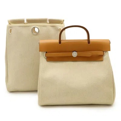 Pre-owned Hermes Brown Light Brown Natural Toile Officier Leather Backpack Handbag ()
