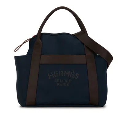 Pre-owned Hermes Brown Navy Canvas Leather Handbag Shoulder Bag Tote Bag () In Brown, Navy