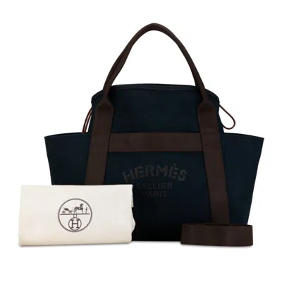 Pre-owned Hermes Brown Navy Canvas Shoulder Bag Tote Bag () In Brown, Navy
