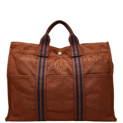 Pre-owned Hermes Brown Navy Canvas Tote Bag () In Brown, Navy