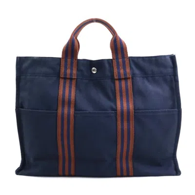 Pre-owned Hermes Brown Navy Cotton Handbag Tote Bag () In Brown, Navy