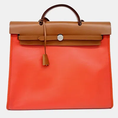 Pre-owned Hermes Brown Orange Canvas And Leather New Zip Herbag Large (o)