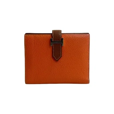 Pre-owned Hermes Brown Orange Chevre Myzore Leather Wallet (bi-fold) () In Multi