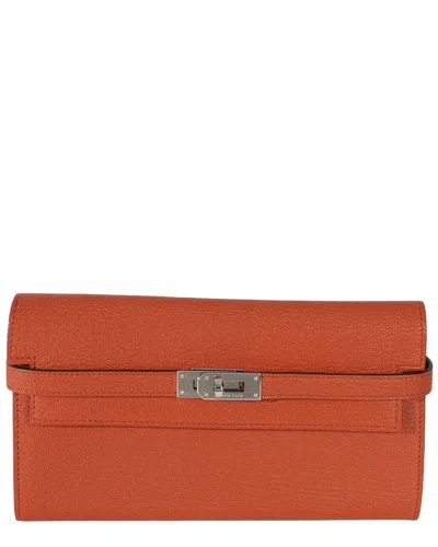 Pre-owned Hermes Hermès Brown; Orange Leather Brique Chevre Mysore Kelly Longue Wallet Phw (authentic Pre-loved)