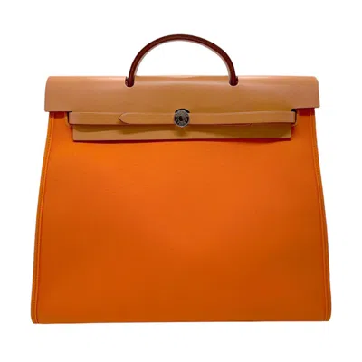 Pre-owned Hermes Brown Orange Toile Officier Leather Handbag Shoulder Bag () In Brown, Orange