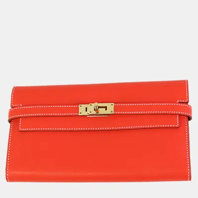 Pre-owned Hermes Brown Pink Epsom Verso Kelly To Go Wallet
