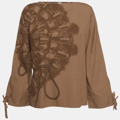Pre-owned Hermes Brown Printed Cotton Leather Trim Blouse S