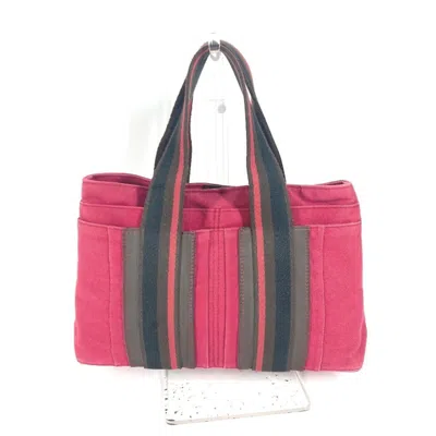 Pre-owned Hermes Brown Red Color Canvas Handbag Tote Bag ()